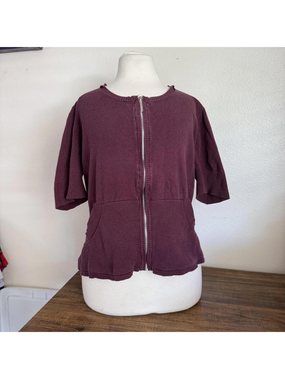Daisy Fuentes Women's 2X Burgundy Short Sleeve Zip-Up Hoodie Top